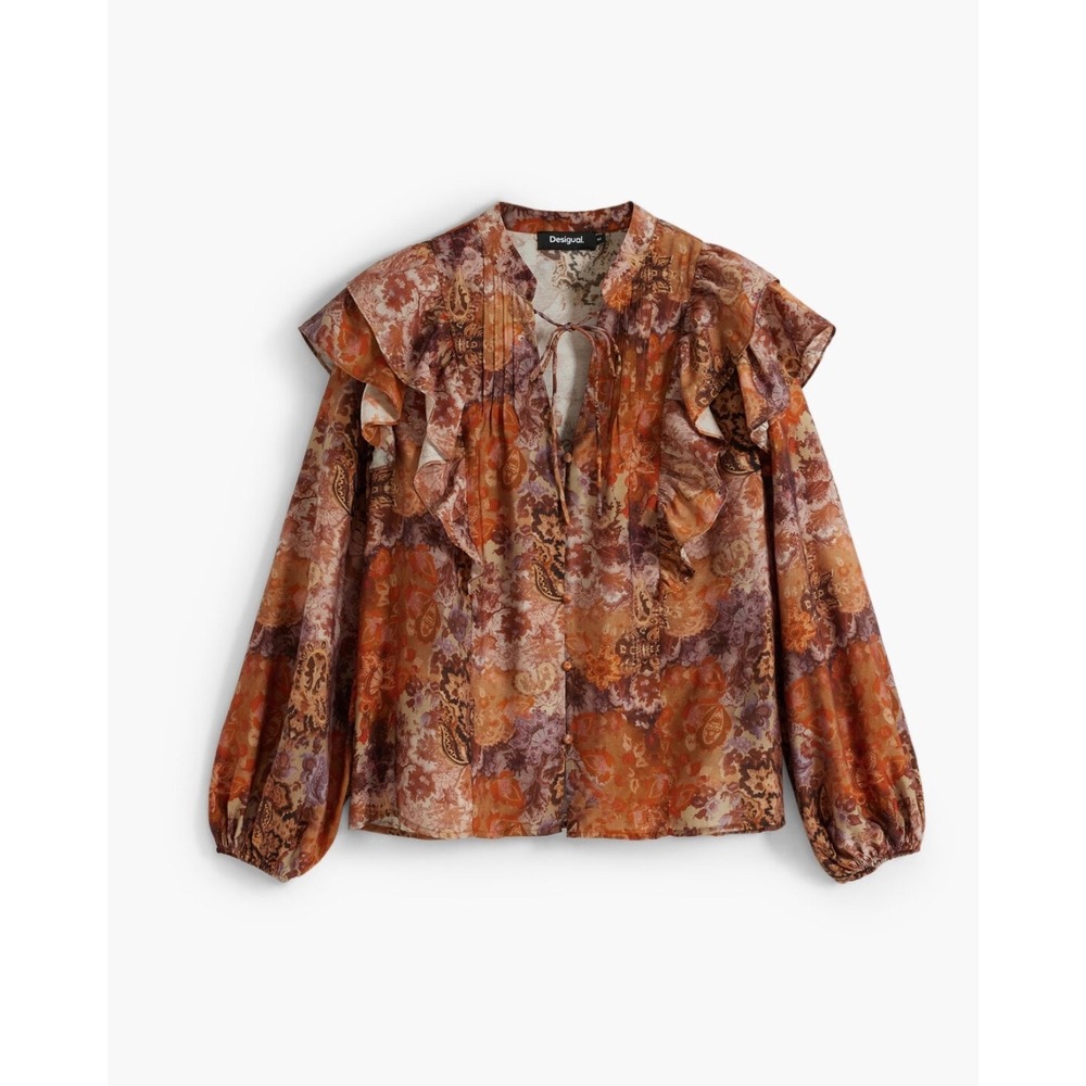 Desigual Womens-XL Paisley Ruffle Tie Neck Long Sleeve Blouse Orange Brown Boho